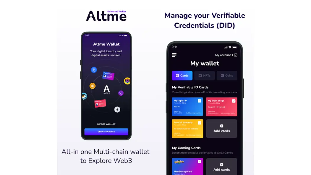 Altme Wallet screens combining Verifiable Credentials and Web3 capabilities