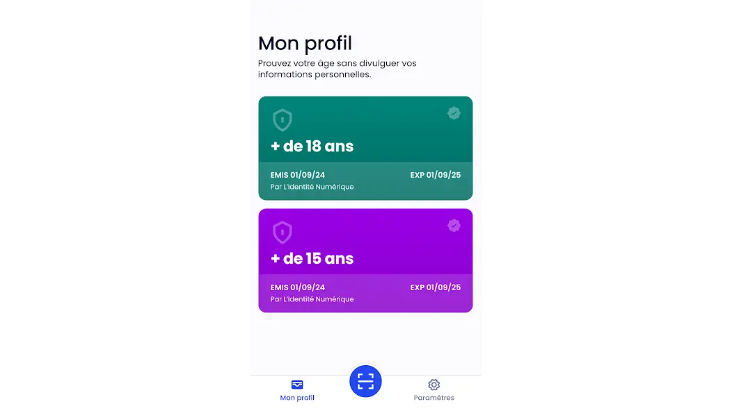Age-verification wallet showing reusable over-15 and over-18 proofs