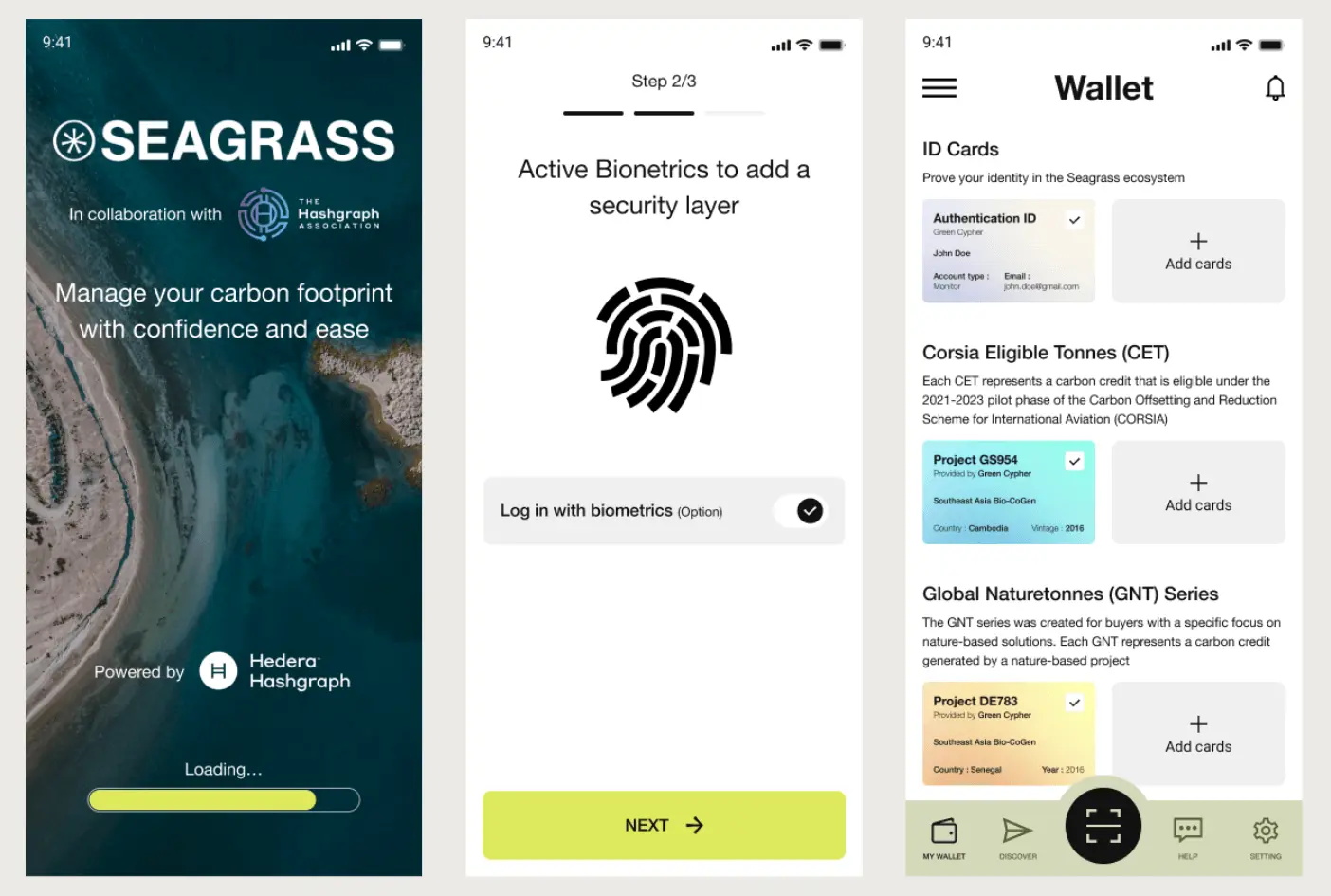 Seagrass Wallet screens for identity proofs and verified carbon-credit project data