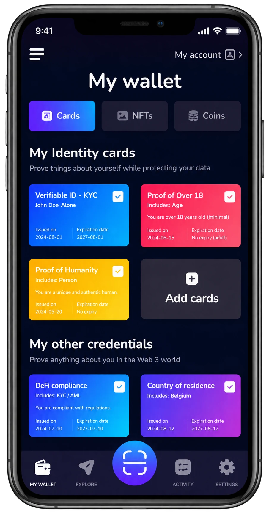 Interfaz de Talao Wallet con credenciales de identidad verificables en un smartphone